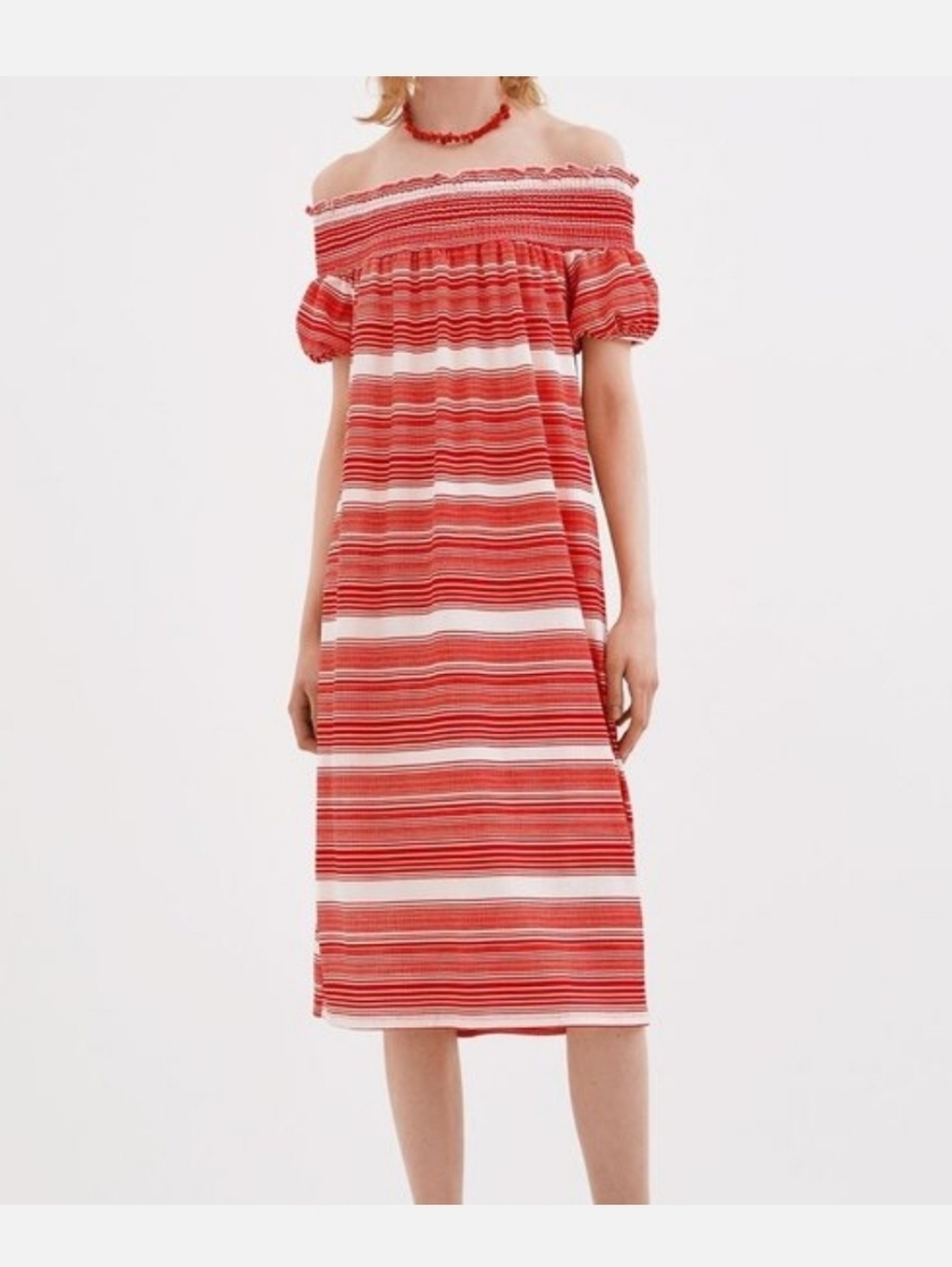 Zara Off-Shoulder Red & White Striped Midi Dress